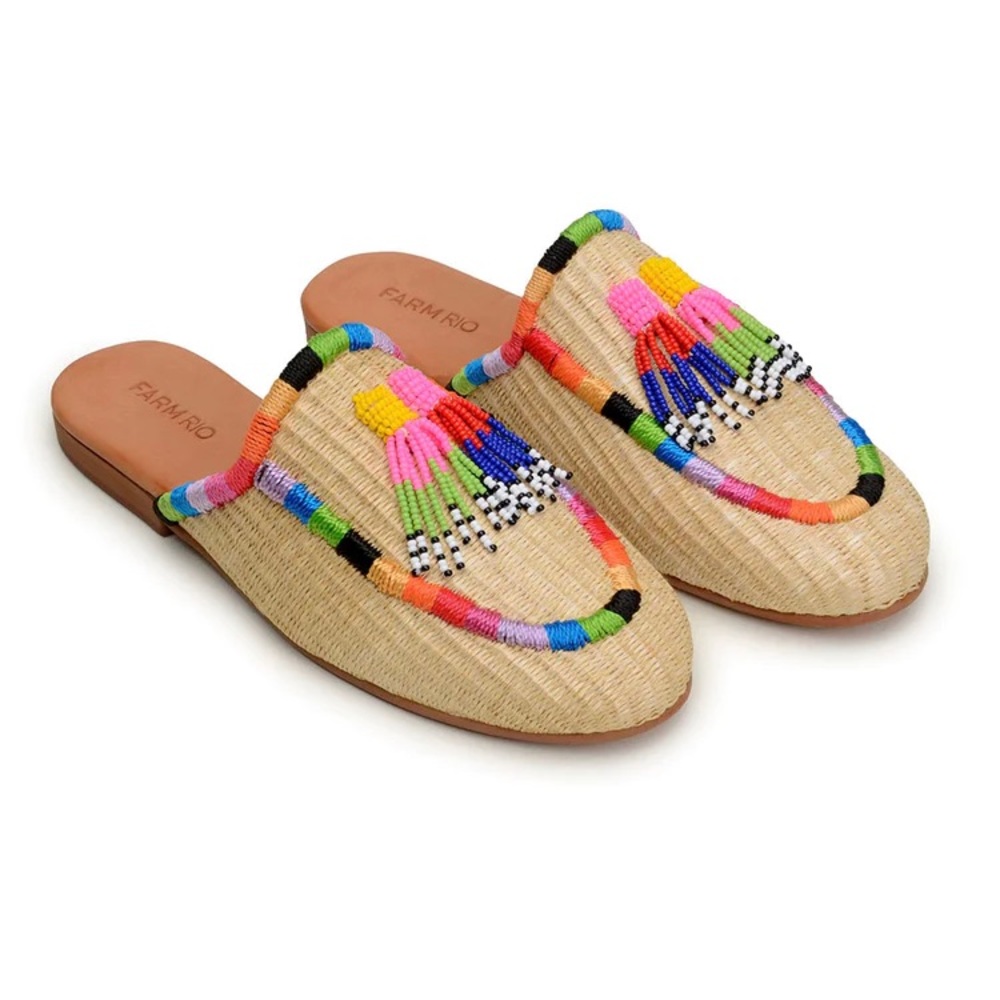 Farm Rio Natural Raffia Mule Rainbow Tassel Beads Womens Size 9.5 EU 41 New